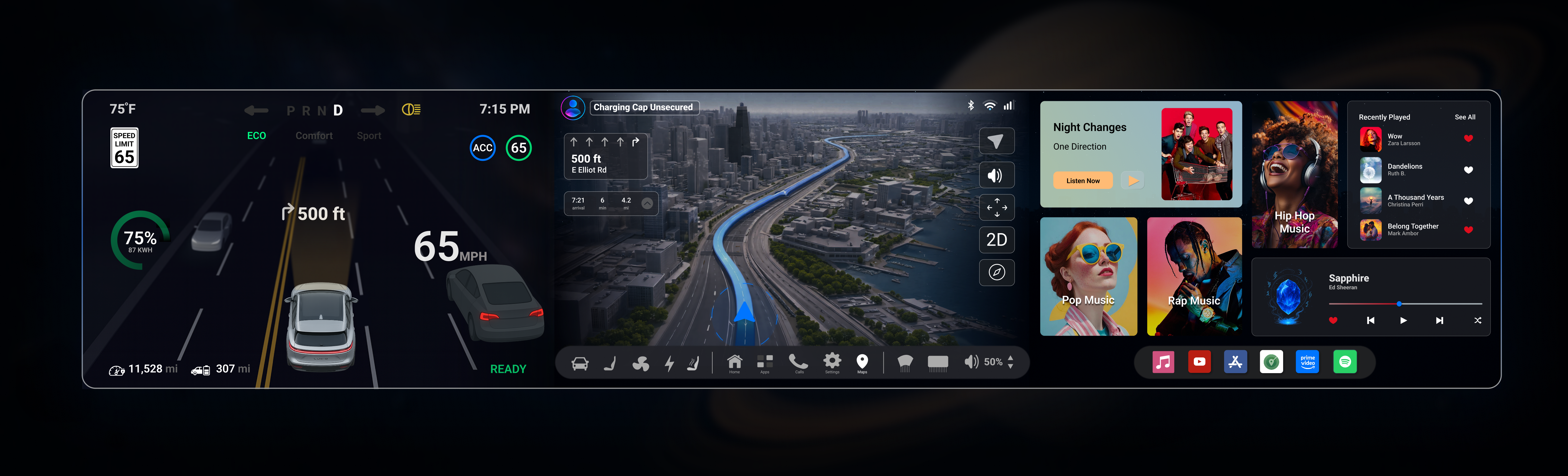 Main driving interface with navigation and media